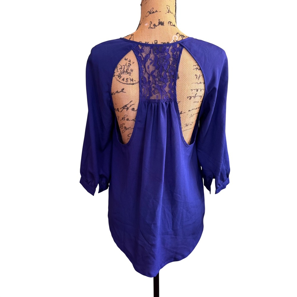 Sparkle & Fade Royal Blue Lace Open Back Button Down Blouse 3/4 Sleeve Small